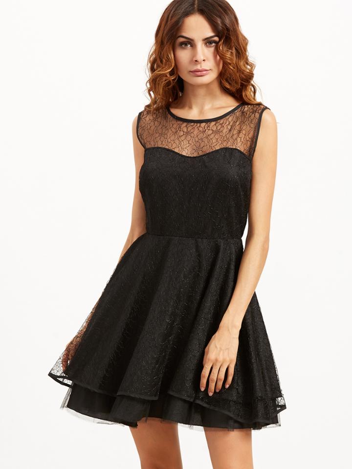 Shein Black Sleeveless Layered Lace Dress