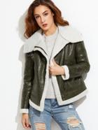 Shein Olive Green Faux Shearling Asymmetric Zip Jacket