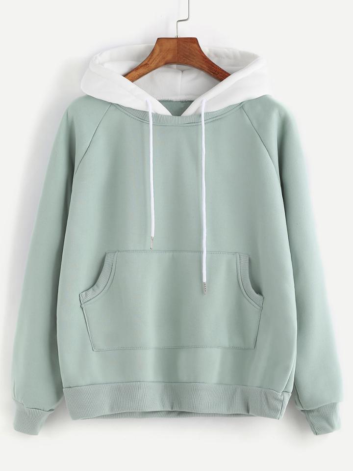 Shein Pale Green Raglan Sleeve Pocket Sweatshirt With Contrast Hood
