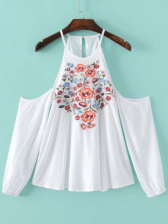Shein White Flower Embroidered Open Shoulder Top