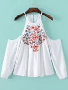 Shein White Flower Embroidered Open Shoulder Top