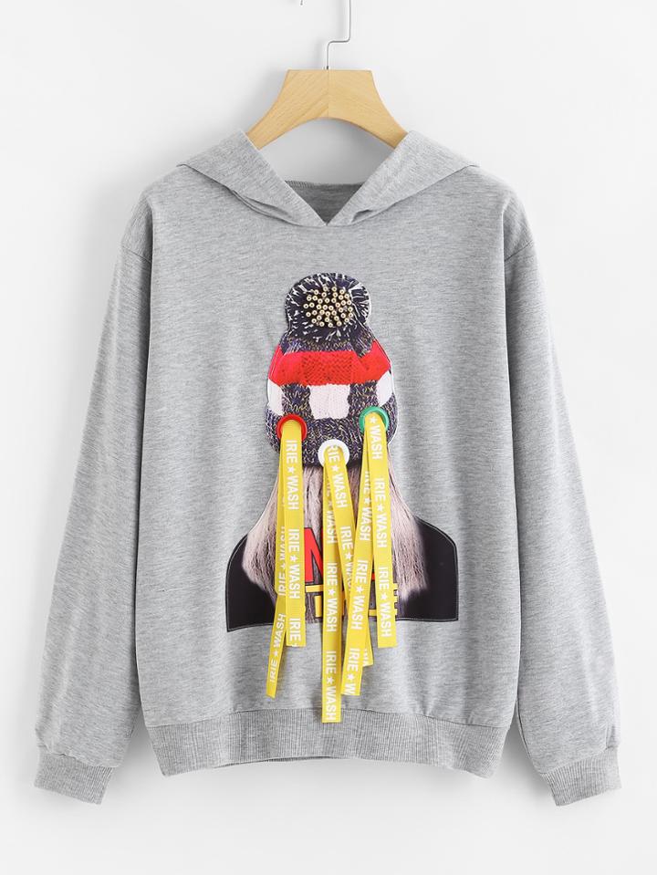 Shein Letter Tape Detail Figure Patch Hoodie