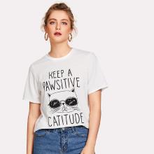 Shein Letter And Cat Print Tee