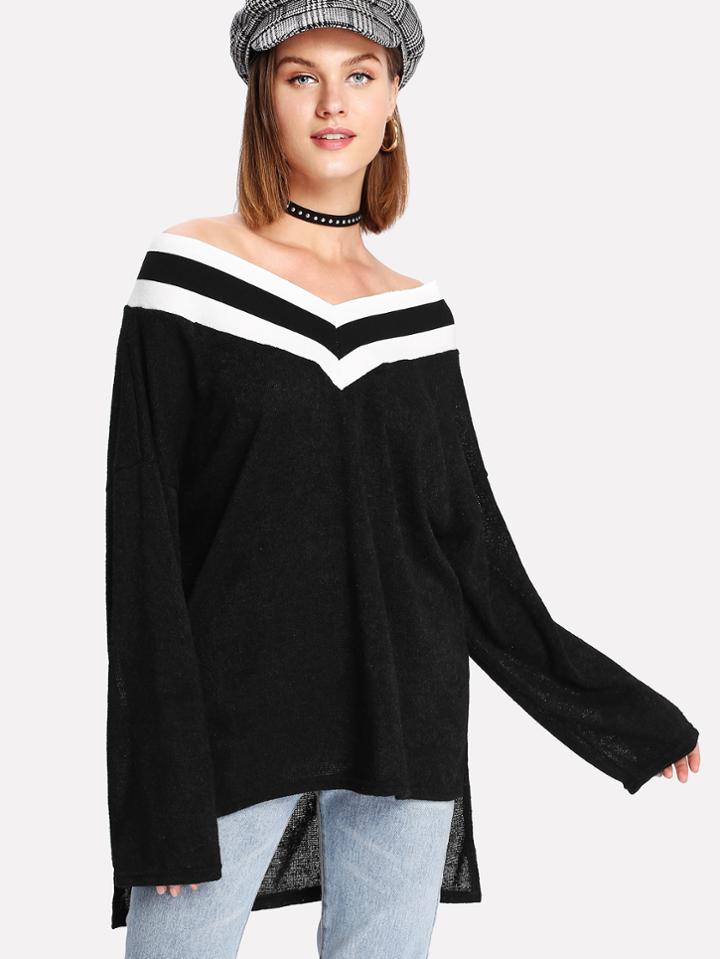 Shein Contrast Striped V Neck Dip Hem Knit Tee