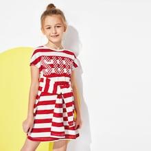 Shein Girls Tied Waist Striped Dress