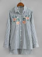 Shein Flower Embroidery High Low Striped Blouse