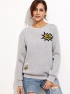 Shein Heather Grey Pullover Sweatshirt With Embroidered Patch