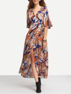 Shein Printed Wrap Maxi Dress With Drawstring Waist