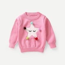 Shein Toddler Girls Pom Pom Detail Star Pattern Sweater