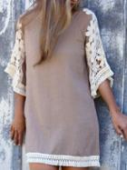 Shein Apricot Cotrast Lace Embroidered Sleeve Dress