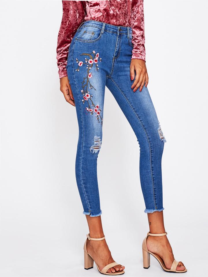 Shein Embroidered Distressed Frayed Skinny Jeans