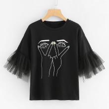 Shein Rhinestone Detail Tiered Mesh Cuff Tee