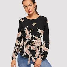 Shein Crane Bird Print Belted Top