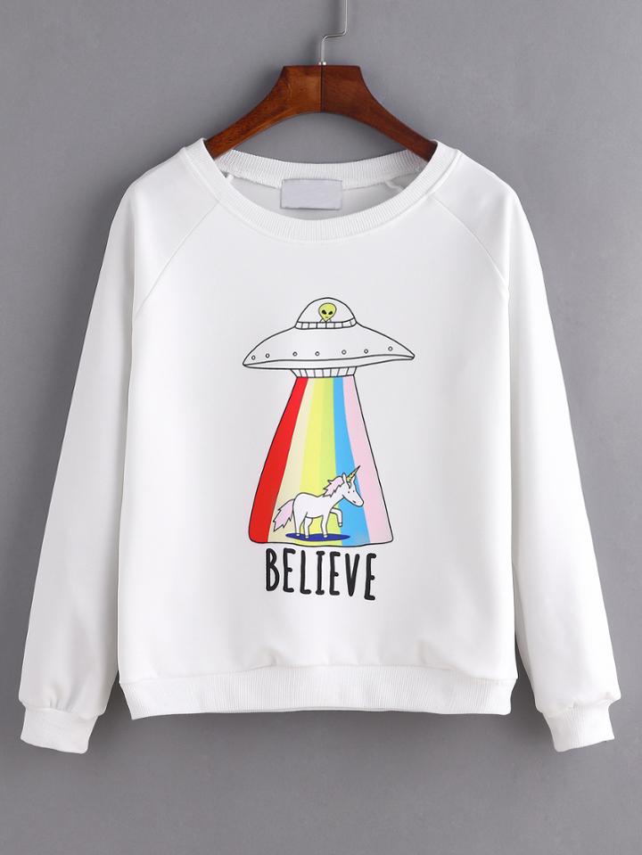 Shein White Ufo Print Raglan Sleeve Sweatshirt