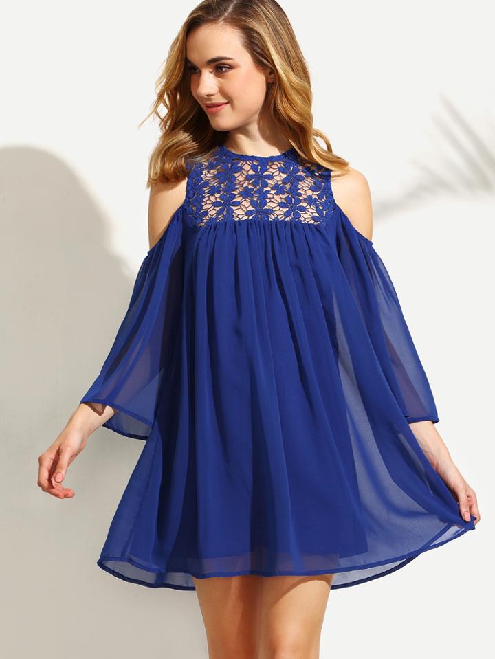 Shein Royal Blue Cold Shoulder Crochet Chiffon Shift Dress