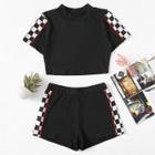 Shein Contrast Trim Gingham Panel Top With Shorts