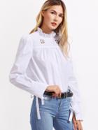 Shein White Ruffle Collar Tie Sleeve Cutout Embroidered Blouse