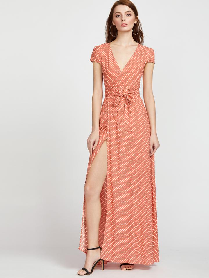 Shein Plunge V-neckline Textured Dots Surplice Wrap Dress