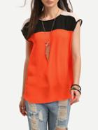 Shein Black Orange Cap Sleeve Dip Hem Blouse