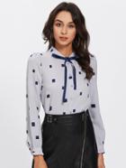 Shein Square Print Bow Tie Neck Blouse