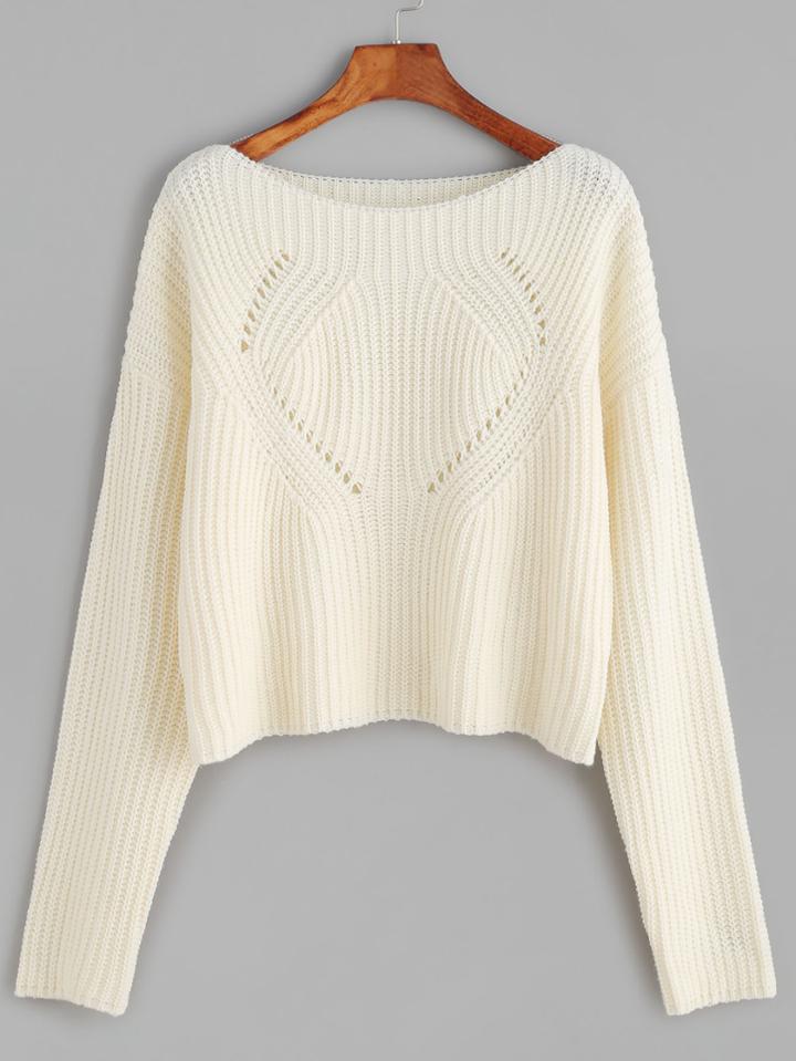 Shein White Ribbed Knit Boat Neck Eyelet Sweater