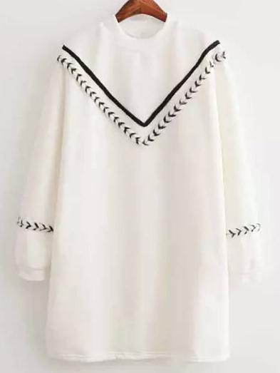 Shein White Crew Neck V Pattern Loose Dress