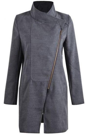 Shein Grey Lapel Long Sleeve Zipper Woolen Coat