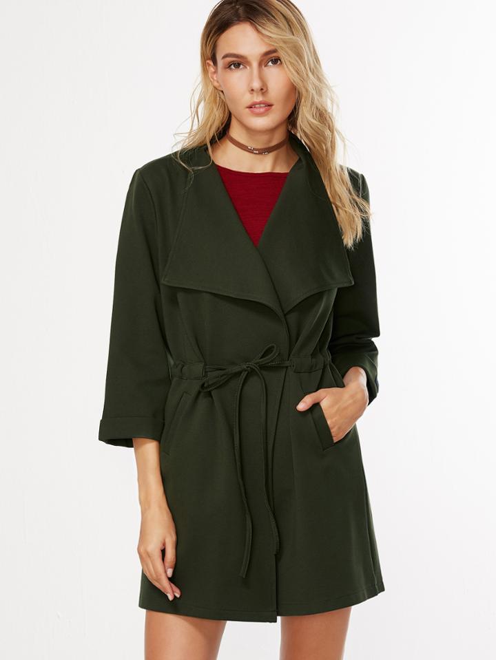 Shein Army Green Three Quarter Length Sleeve Drawstring Waist Coat