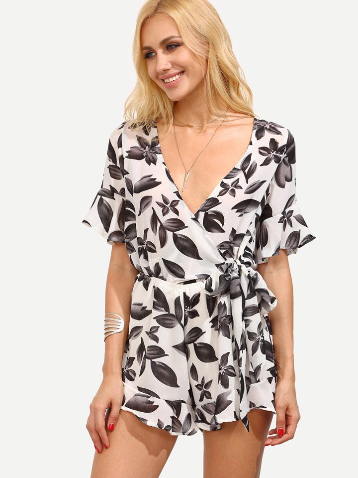 Shein Deep V Neck Flower Print Wrap Self-tie Romper