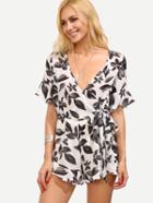 Shein Deep V Neck Flower Print Wrap Self-tie Romper