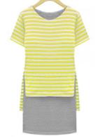 Rosewe Yellow Stripes Paned Grey Short Sleeve Casual Dress
