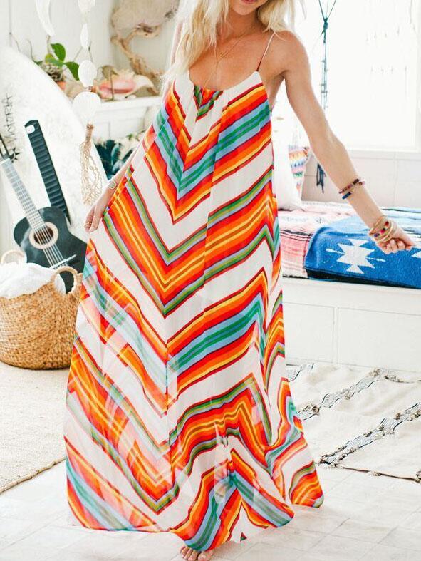 Shein Multicolor Spaghetti Strap Boho Bohemian Chevron Print Maxi Dress