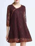 Shein Burgundy V Neck Embroidered Lace Shift Dress