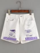 Shein White Contrast Ripped Denim Shorts
