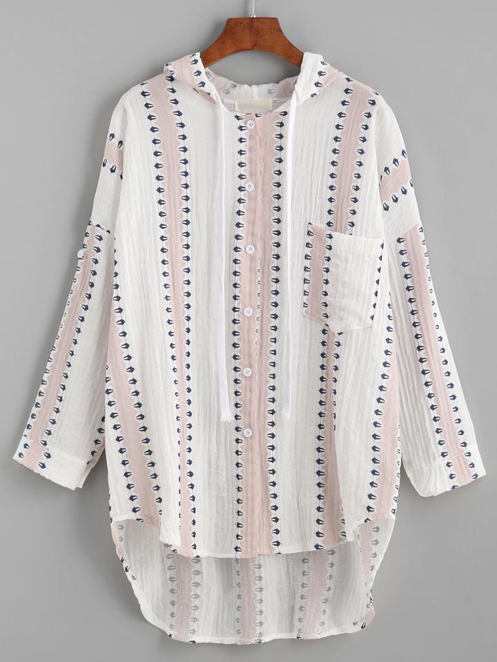 Shein Contrast Print Roll Tab Sleeve High Low Hooded Blouse