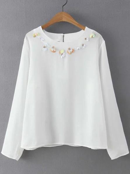 Shein White Beadings Keyhole Back Chiffon Blouse
