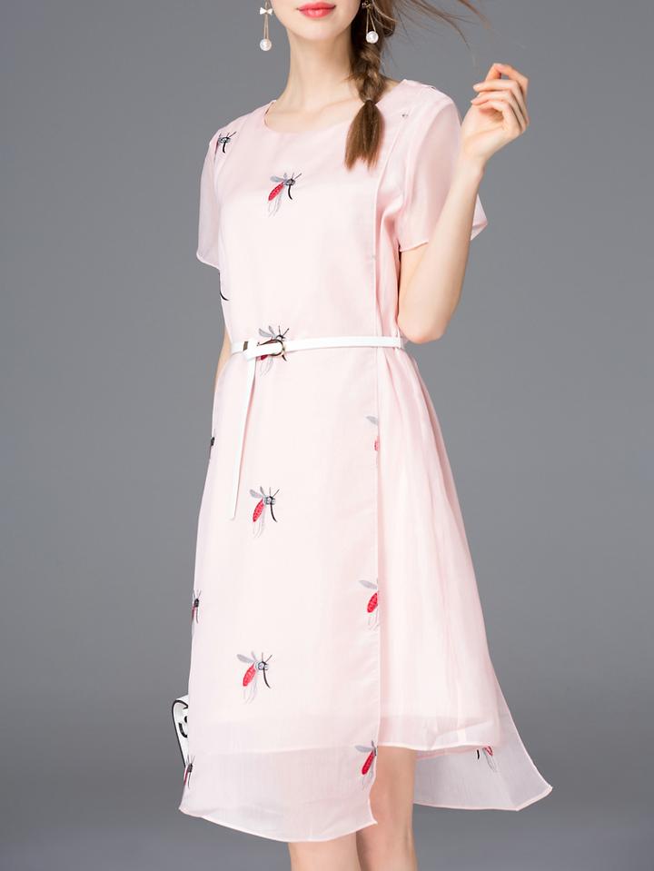 Shein Pink Bees Embroidered Belted Asymmetric Dress