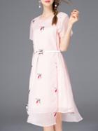 Shein Pink Bees Embroidered Belted Asymmetric Dress