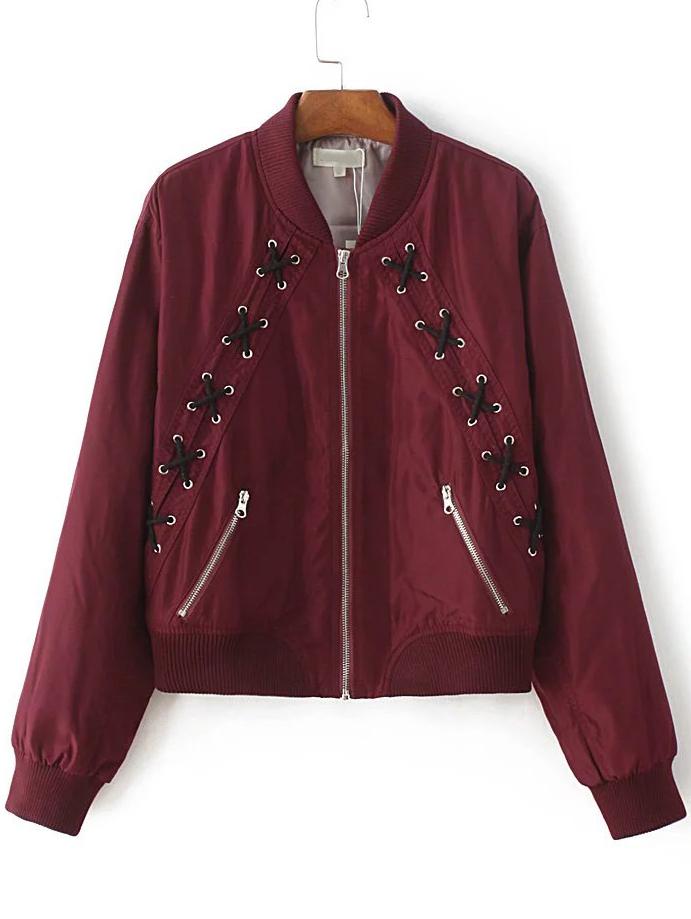 Shein Burgundy Lace Up Design Zipper Jacket
