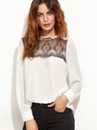 Shein White Mesh Insert Lace Trim Blouse