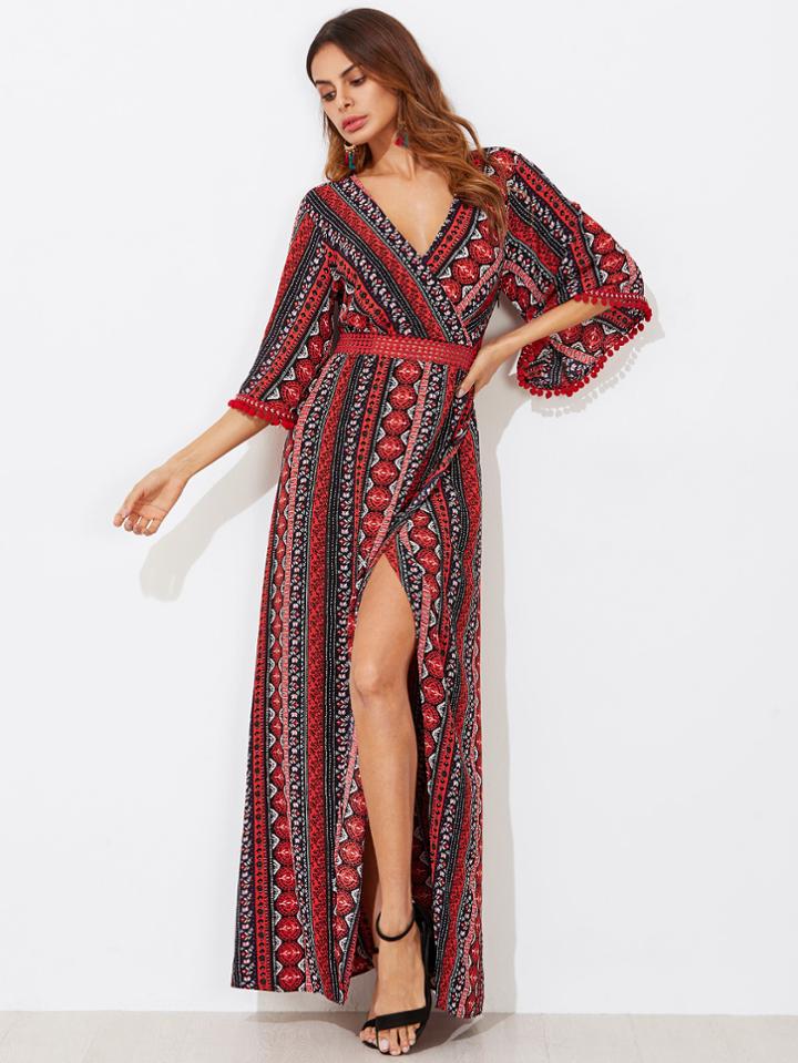 Shein Dot Lace Waist Tied V Back Wrap Dress