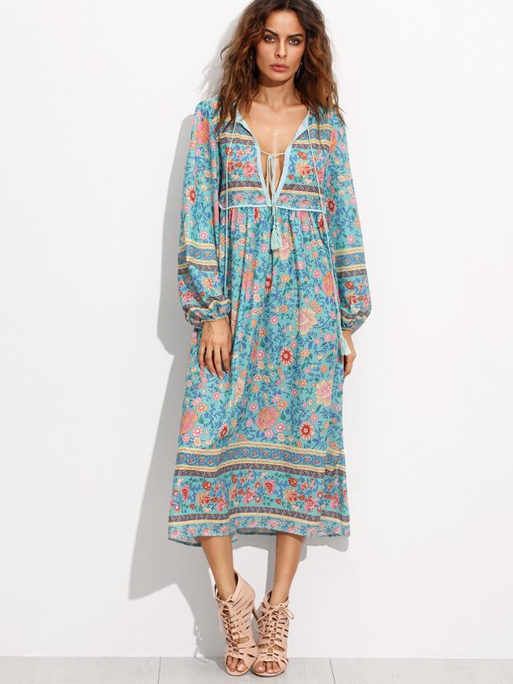 Shein Floral Print Deep V Neck Tassel Tie Dress