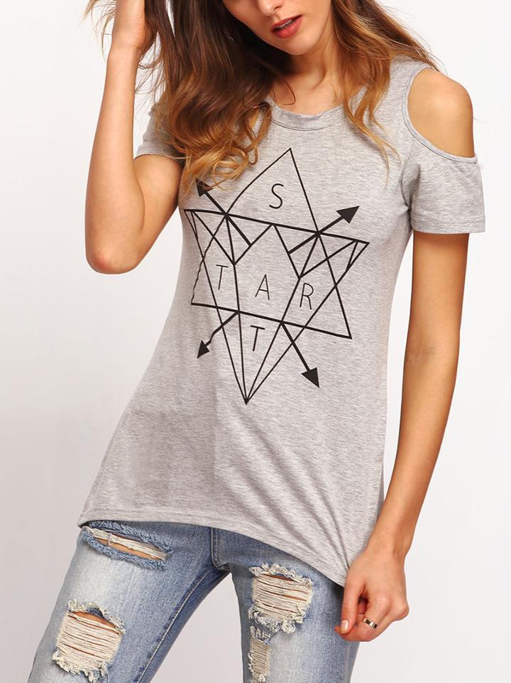 Shein Grey Cold Shoulder Geometric Print T-shirt