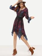 Shein Abstract Print Shirred Waist Asymmetric Dress