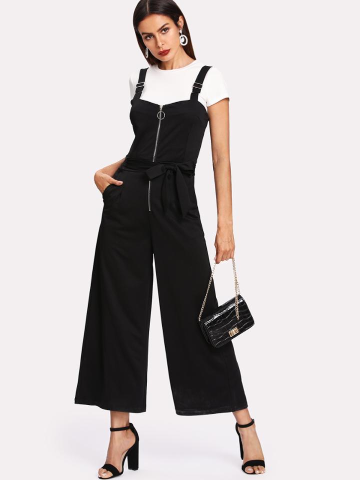 Shein Zip Front Self Tie Wide Leg Jumpsuit
