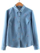 Shein Blue Lapel Heart Embroidery Button Blouse