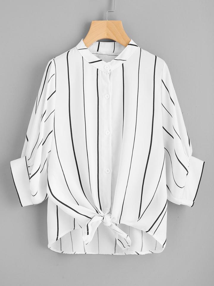 Shein Vertical Striped Knot Front Dip Hem Blouse