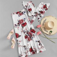 Shein Self Tie Floral Print Top With Pep Hem Skirt