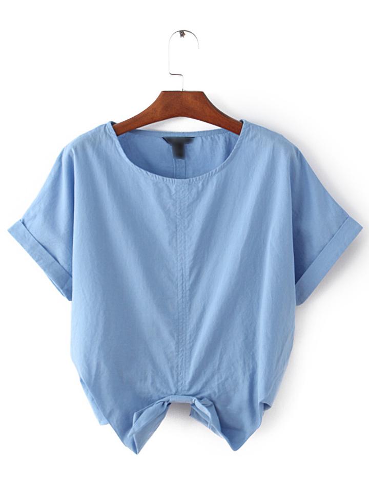 Shein Blue Roll-up Cuff Elastic Bow Waist Crop Blouse