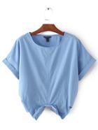 Shein Blue Roll-up Cuff Elastic Bow Waist Crop Blouse